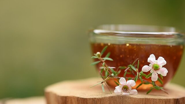 Manuka honey and flowers on natural background.