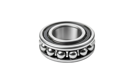 A detailed view of a metallic ball bearing on a transparent background