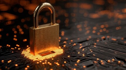 A golden padlock sits on a circuit board with glowing orange lights, symbolizing security and technology