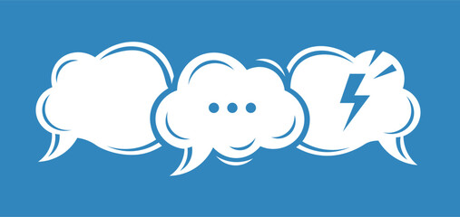 Three white speech bubbles on a blue background with dots and lightning bolt talk conversation