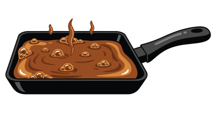 Rich brown sauce bubbling vigorously in a sleek black square pan, depicting a delicious simmering process isolated on white