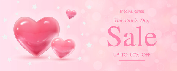 Valentine's day greeting card, web banner poster design with glossy pink hearts and sale campaign wording on circles bokeh and pink background.