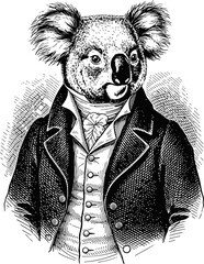 Fototapeta premium Vintage engraving of a koala dressed in victorian era formal suit and cravat