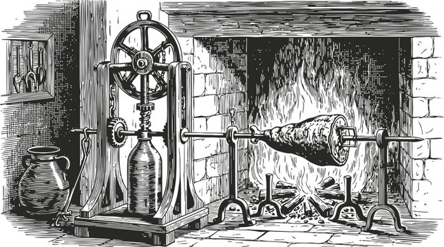 vintage mechanical spit roasting over open fireplace with rotating gears and firewood