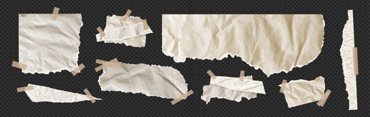 Fototapeta premium Torn newspaper vector bundle features tan yellow beige texture. Kit of cut pieces, note scraps, tear strip shapes overlay teture for collage. Blank sheet piece bundle on like transparent png bg