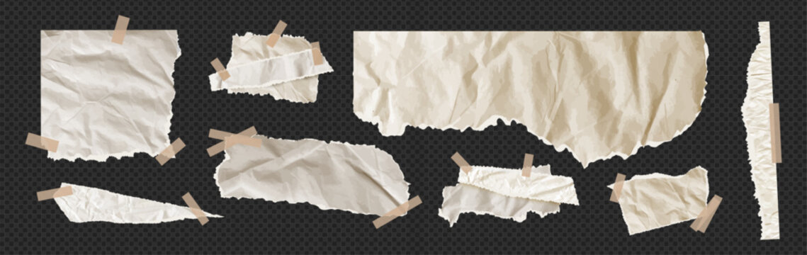 Torn newspaper vector bundle features tan yellow beige texture. Kit of cut pieces, note scraps, tear strip shapes overlay teture for collage. Blank sheet piece bundle on like transparent png bg