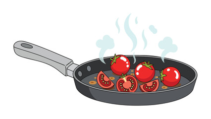 Digital illustration of ripe red tomatoes, whole and sliced, gently heating in a dark pan, with wisps of steam suggesting a delicious, fresh