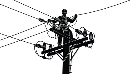 a striking black and white depiction shows a worker atop a utility pole maintaining power lines presented as a silhouette