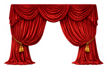 Red velvet theater stage curtains opening transparent background