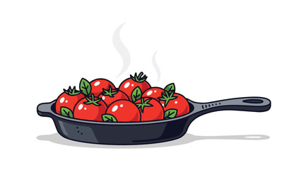 Vibrant red tomatoes and fresh basil steaming in a rustic cast iron skillet, ready for culinary creation