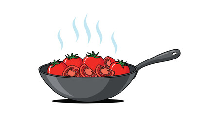 Vibrant red tomatoes, both whole and neatly sliced, gently cooking in a dark frying pan, with delicate wisps of steam rising, illustrating culinary