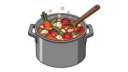 A vibrant illustration of a rustic vegetable stew simmering in a sturdy cooking pot, filled with wholesome ingredients and a wooden spoon ready for