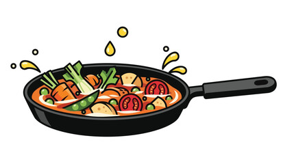 A vibrant cartoon illustration of a hearty vegetable stew simmering in a classic black frying pan, brimming with fresh carrots tomatoes potatoes and