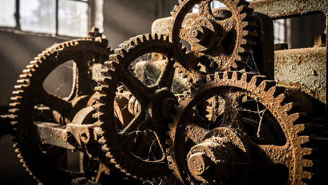 Rusty vintage gears, a close-up macro shot revealing intricate mechanical details and industrial history