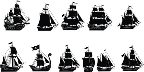 Vintage sailing ship silhouettes collection, nautical maritime vessels set including pirate ships, galleons, and schooners for ocean exploration, travel, and historic naval design. © MstSahanaj