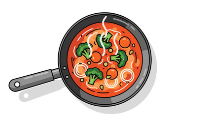 Vibrant cartoon illustration featuring a delicious, steaming meal with fresh green broccoli florets and orange ingredients cooking in a black frying