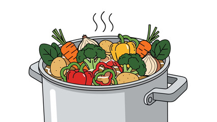 A steaming pot filled with a colorful medley of fresh garden vegetables carrots spinach potatoes onions broccoli and bell peppers illustrating