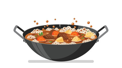 Hearty Meat and Vegetable Stew Simmering in a Wok with Gentle Bubbles and Steam Rising Deliciously, offering a comforting and flavorful culinary