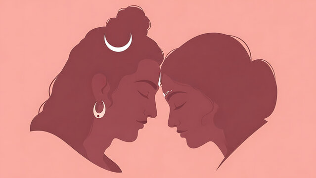 Cute Side Profile Silhouettes of Shiva and Parvati with Foreheads Touching Tenderly for Shivaratri