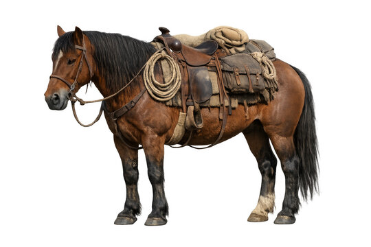 Western pack horse carrying gear standing, transparent background