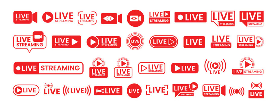 Live streaming icon set button, banner, label, sticker, stamp. Live broadcasting buttons and symbols. Video online stream icons. Live stream logo. Watch live stream. Social media. Vector illustration.
