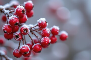 a fine art photograph of red berries covered in frost, crisp detail, valentine palette, natural winter mood elegant macro photography.
