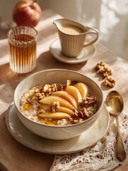 Food photography shot of a warm bowl of oatmeal  with cinnamon thin fresh apple slices, and chopped walnuts, AI generated