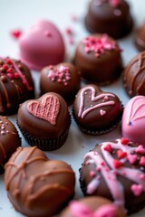 a close detail photography of handcrafted chocolates with matte and glossy finishes, arranged artistically, valentine celebration mood, studio lighting.