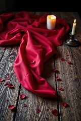 The cinematic style of a red cloth draped over a wooden surface, illuminated by candlelight, creates a Valentine's Day atmosphere. The diverse textures and still imagery effectively convey emotion.