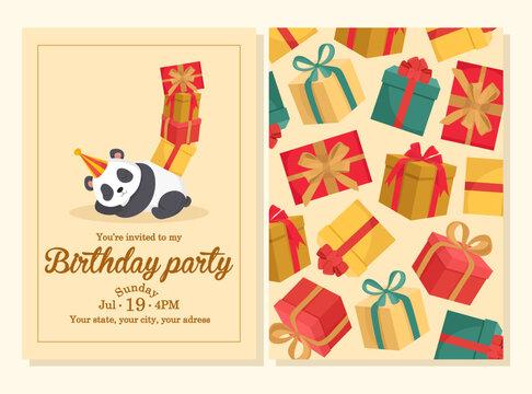Birthday invitation template with cute pands colorful presents festive vibe holiday elements