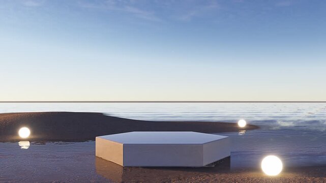 Minimal product podium on a beach with glowing spheres, calm sea, and soft sky light, perfect for luxury display, branding mockup, and advertising background, 3D rendering