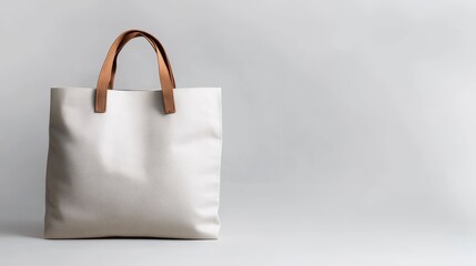 A simple beige shopping bag with brown handles, soft white background, copy space above, clean look.