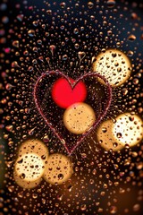 a macro photography of condensation droplets on glass reflecting heart shaped light bokeh, valentine aesthetic, shallow depth of field, intimate mood.