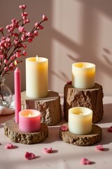 a high resolution photograph of artisanal candles in varied heights arranged on natural stone slabs, warm wax glow, subtle shadows, intimate valentine mood, minimalist composition