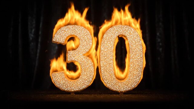 Fiery number thirty ablaze on a dark stage with dramatic lighting and intense flames engulfing the digits