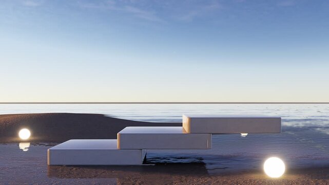 Minimal product podium on a beach with glowing spheres, calm sea, and soft sky light, perfect for luxury display, branding mockup, and advertising background, 3D rendering