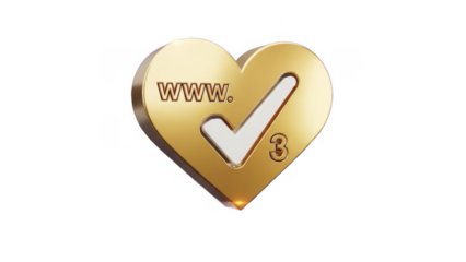 Golden heart icon symbolizing love and approval for web3 with www and checkmark