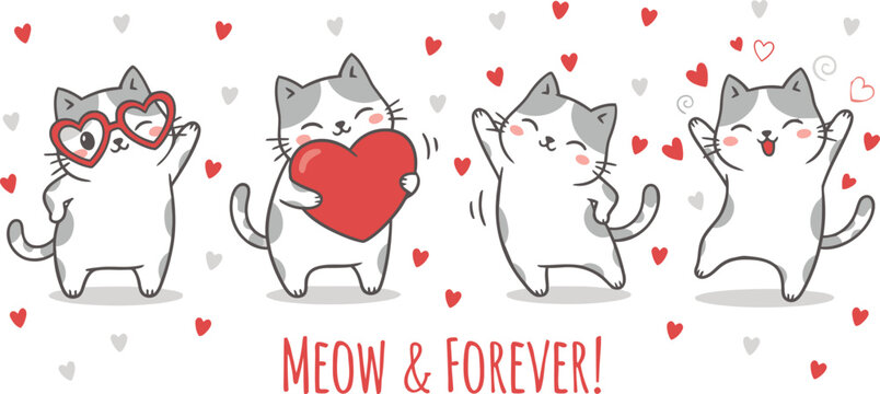 Four cute cartoon cats celebrating love and friendship with hearts and text meow forever