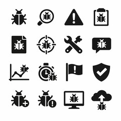 Bug tracking icons set: alerts, tools, and upload symbols in black