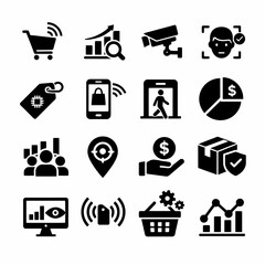 E-commerce icons: shopping, surveillance, analytics, security, technology symbols