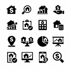 Real estate investment icons set: symbols of growth, analysis, and financial success