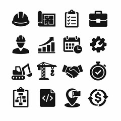 Construction and business icons set: tools, charts, calendar, gear, and handshake