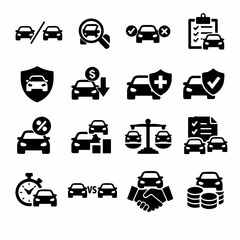 Car loan and insurance icons set: finance, protection, agreement, rate, comparison