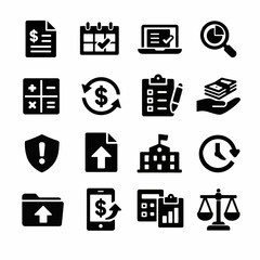 Financial and business icons collection: calendar, calculator, scale, and more