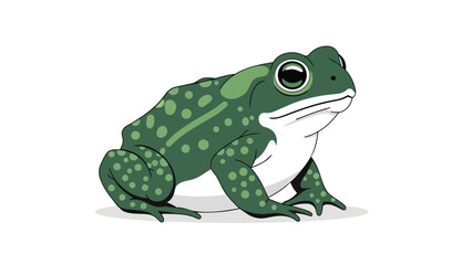 Vibrant green spotted amphibian illustration with captivating large eyes and a serene expression, a charming character on a clean white background