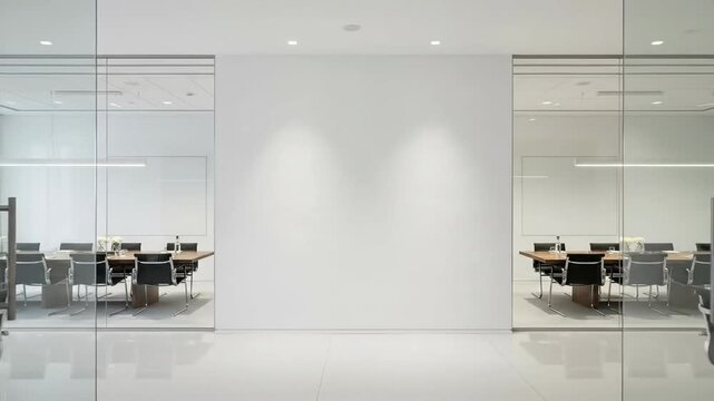 Bright and modern office space with conference rooms and blank wall.