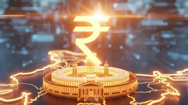 Glowing Golden Indian Rupee Symbol Above Parliament Building 3D Render