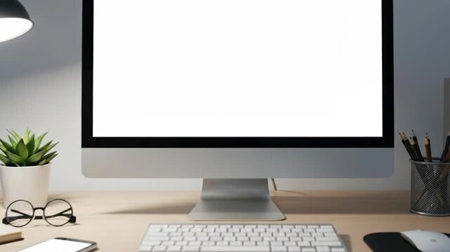 Modern workspace setup featuring a desktop computer with a blank screen, ready for content.