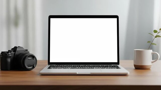 Modern workspace setup featuring a laptop with a blank screen, camera, and plant.
