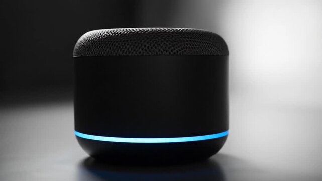Sleek black cylindrical speaker with a textured top and blue light accent.